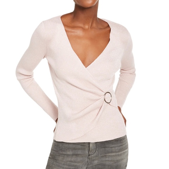 INC International Concepts Women's Pink Metallic-Knit Faux-Wrap Sweater L - Picture 3 of 8